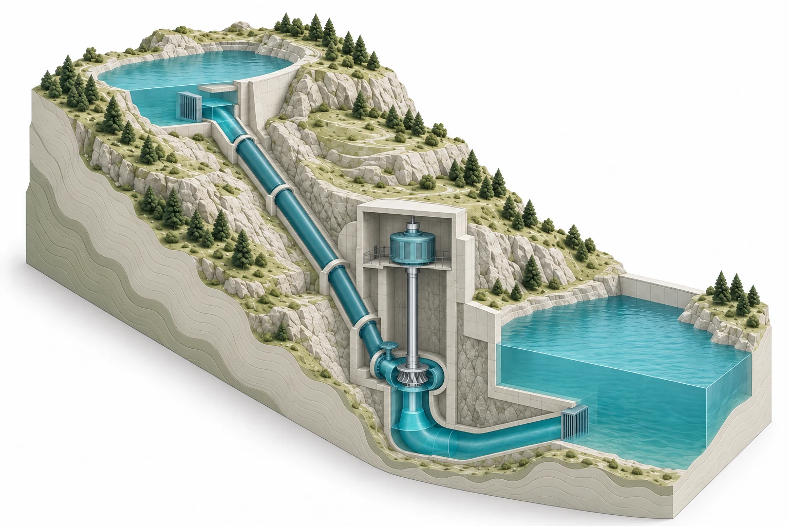 Pumped-storage cutaway with upper and lower reservoirs, penstock, a vertical motor-generator and reversible pump-turbine, and a submerged connection to the lower reservoir